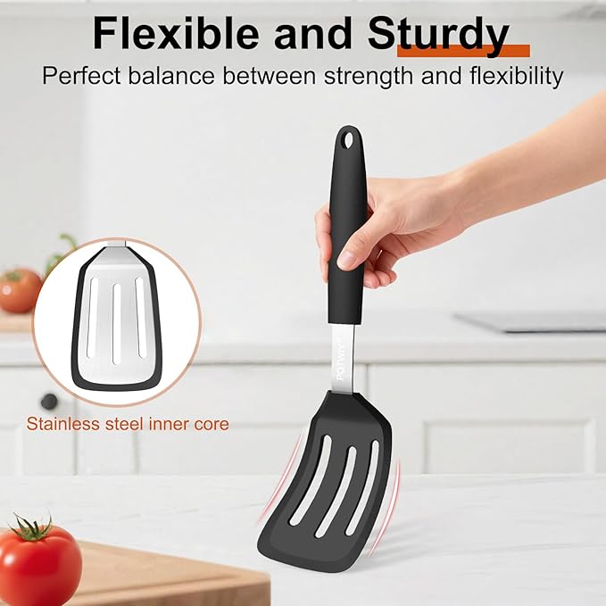 Silicone Spatula, 13 x 3.2 In, 600°F Heat Resistant Kitchen Spatula, BPA Free, Flexible Turner For Non Stick Frying Pan, Cooking, Flipping Egg and Pancake, Dishwasher Safe, Black