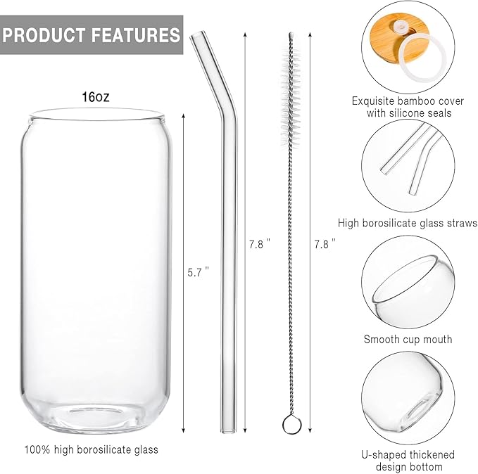 4 Pack Glass Cups Set 16oz Drinking Glasses with Bamboo Lids and Straws Beer Glass Tumbler for Mojito Soda Smoothies Whiskey Iced Coffee Cocktail Tea Juice