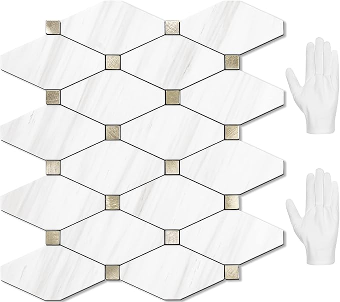 STICKGOO 10 Sheets Peel and Stick Dolomite Mosaic Tile, White Marble Look PVC Mixed Metal Gold Kitchen Backsplash for Fireplace, RV