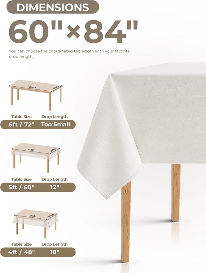 Faux Linen Waterproof Tablecloth,Ivory,84" x 60" (Rectangular)
