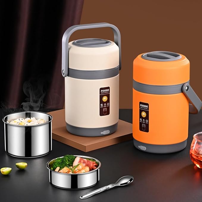 AYNEFY Electric Lunch Box,2L Stainless Steel Portable Electric Food Warmer Bucket Thermal Heat Preservation Pot Thermal Lunch Container for Travel Dorm Office Work (Orange)