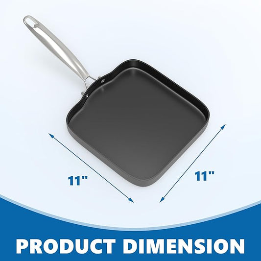 SafBbcue Square 11” Grill Pan Non-Stick Ceramic Coated, Durable Skillet Indoor & Outdoor Grilling, Oven Gas & Induction Safe, for Weber Charbroil Camp Chef Grill, Black