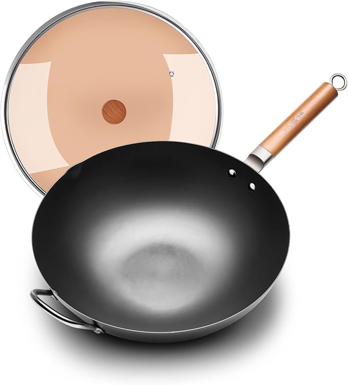 WANGYUANJI Carbon Steel Wok 14.2", Large Nitriding Flat Bottom Stir Fry Pan with Lid, No Chemical Coating Rust Resistant Iron Skillet for Induction Electric Gas Stoves, Big Capacity Serves 6+