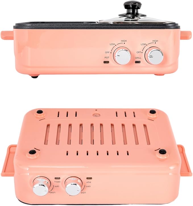 Electric Hot Pot with Grill, 2 in 1 Aluminum Alloy Non-Stick Cooker Indoor Electric Pot and Griddle for Korean BBQ, Steaks, Independent Dual Temperature Control, Fast Heating
