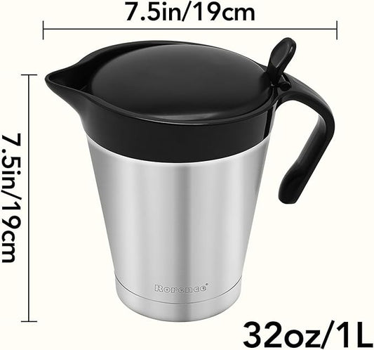 Rorence Stainless Steel Double Insulated Gravy Boat Sauce Jug with Hinged Lid for Thanksgiving Dinner - 32 Oz