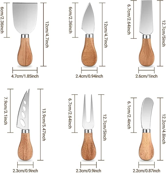 Cheese Knives Set with Gift Box for Charcuterie Board Accessories Stainless Steel Knife with Wood Handle Cheese Slicer Cutter (Wood-6set)