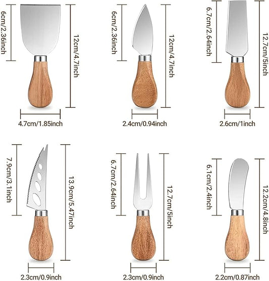 Cheese Knives Set with Gift Box for Charcuterie Board Accessories Stainless Steel Knife with Wood Handle Cheese Slicer Cutter (Wood-6set)