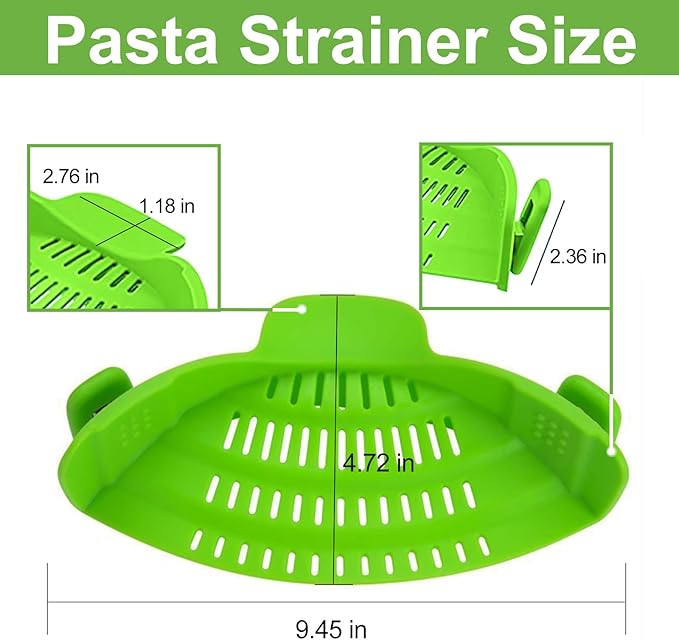 Universal Clip On Pot Strainer - Heat Resistant Silicone Snap-on Drainer & Colander for Pasta, Grease & Vegetables, Hands-Free Kitchen Gadget for Pans & Bowls, Space-Saving & Dishwasher Safe