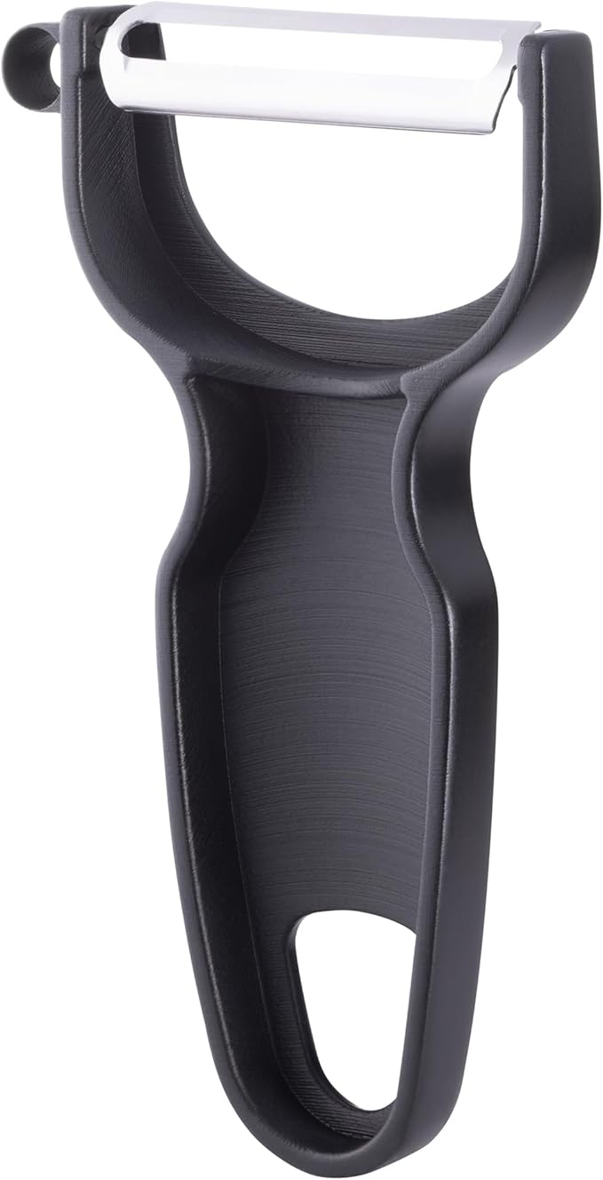 CatCora Swiss-Style Peeler, Professional German Tempered Stainless Steel Blade For Peeling Fruits and Vegetables and Garnishing, Ergonomic Contoured Handle, Black, Set of 2