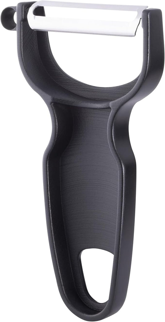 CatCora Swiss-Style Peeler, Professional German Tempered Stainless Steel Blade For Peeling Fruits and Vegetables and Garnishing, Ergonomic Contoured Handle, Black, Set of 2
