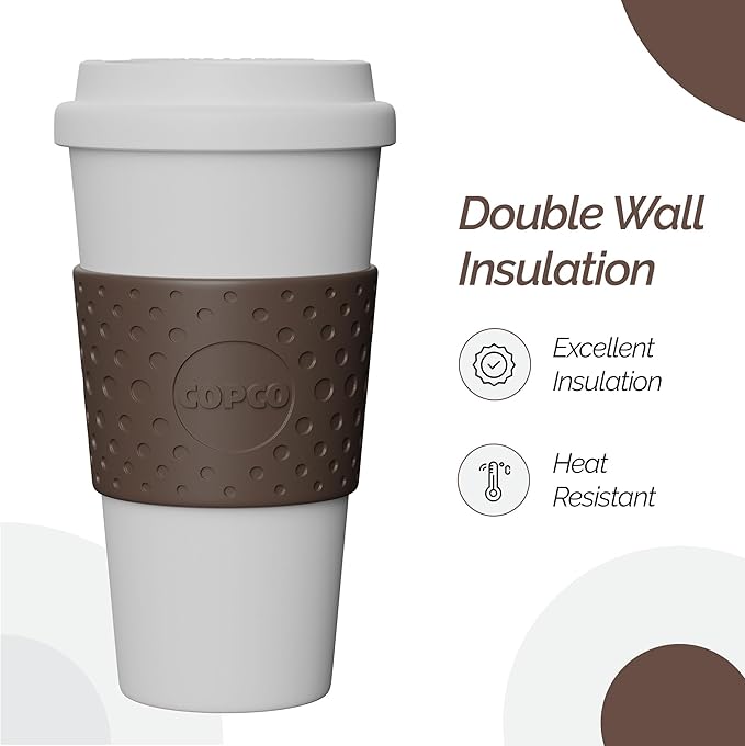 Copco Acadia 16 oz Reusable To-Go Travel Mug - BPA-Free Insulated Coffee Cup with Double-Wall Insulation, Spill-Proof Lid & Non-Slip Rubber Grip - Microwave & Dishwasher Safe (White/Brown)