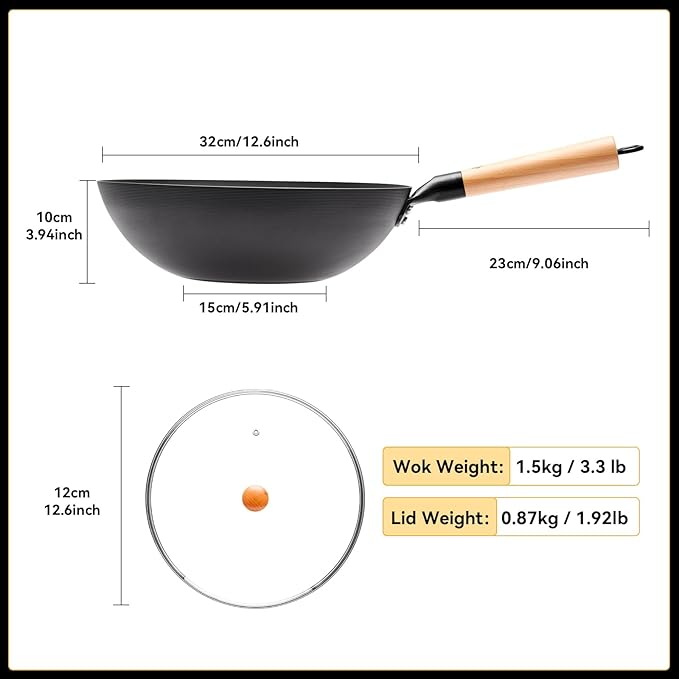 WANGYUANJI Lightweight Carbon Steel Wok with Lid, 12.6" Nitrided Stir Fry Pan - Pre-Seasoned & Rust-Resistant Iron Wok, Flat Bottom for Electric, Induction & Gas Stoves, Easy to Maneuver