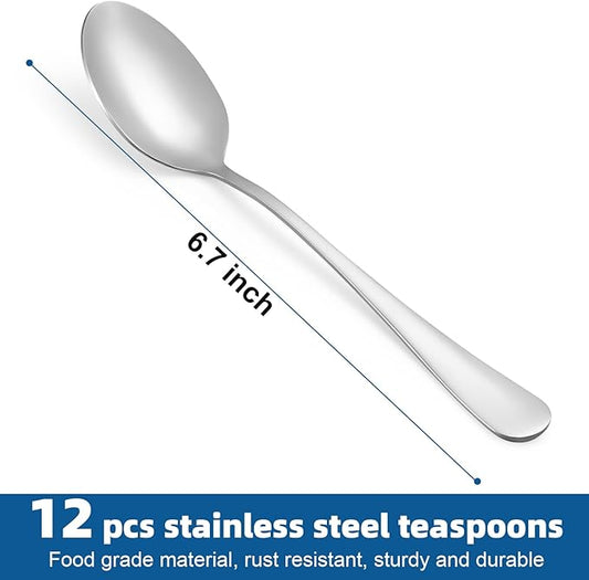 12 Pcs Teaspoons Set, Food-Grade Stainless Steel Spoons Silverware, Cutlery Tea Spoons, Durable Dessert Spoons, Metal Spoon for Home, Kitchen or Restaurant, Mirror Polished, Dishwasher Safe 6.7 Inch