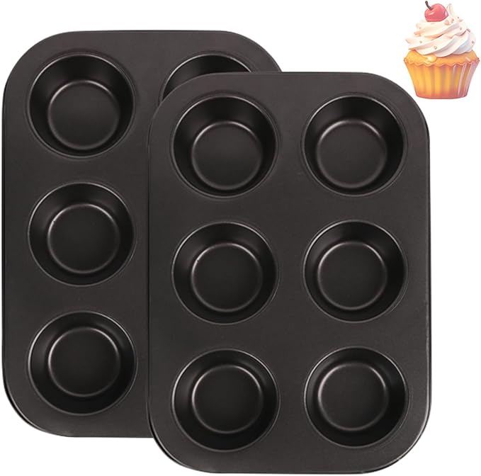 2 Packs 6-Cup Muffin Baking Pan Tin, Small Round Muffin Tin, Nonstick Cupcake Pans, Cheesecake Pans, Carbon Steel, Black