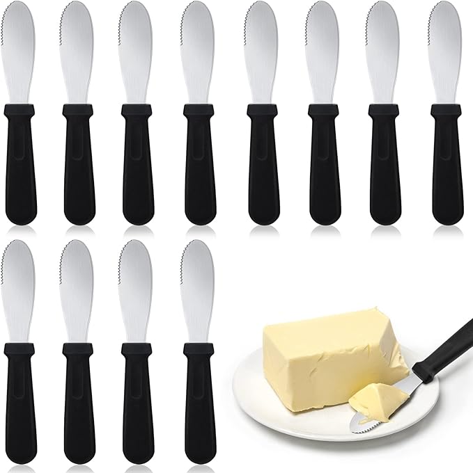 Cunno 12 Pcs Butter Spreader Knives Wide Blade Stainless Steel Cheese Spreader Knife Black Plastic Handle Slicing or Spreading Knife for Slicing Bread Cream Sandwich Condiment Kitchen 9.1 Inch