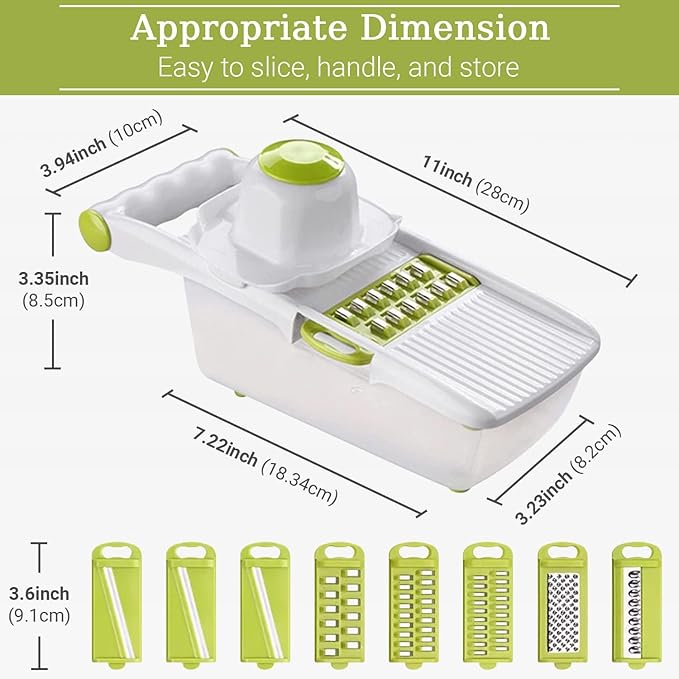 ADOV All in 1 Mandoline Slicer for Kitchen, Multi Function Fruit and Vegetable Slicer Vegetable Cutter, Interchangeable Stainless Steel with Food Container, Hand Protector, Julienne Slicers for Salad
