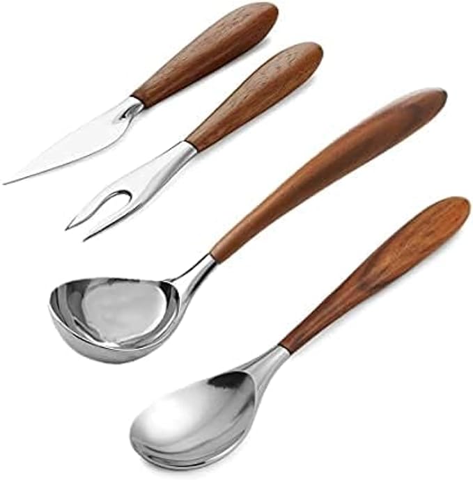 nambe Curvo Cheese Set | Cheese Knife and Fork Utensil Set for Charcuterie Board | Made of Stainless Steel and Acacia Wood | Designed by Steve Cozzolino