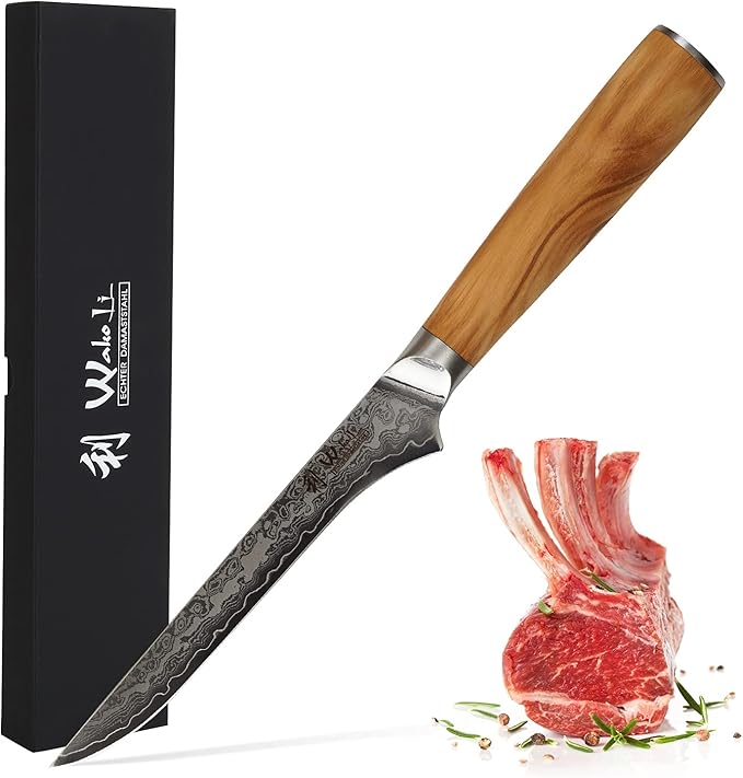 Wakoli Oribu Damascus Boning Knife – Full Tang Kitchen Knife | 5.5-Inch Blade Made of 67-Layer Genuine Damascus Steel with AUS-10 Core | Ergonomic Olive Wood Handle | Sharp & Durable