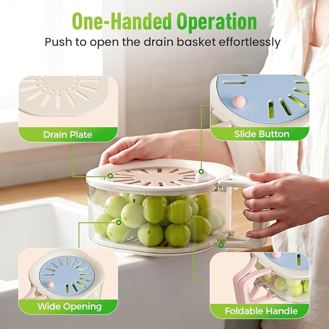 2-in-1 Draining and Preservation Basket,Multifunctional Fruit and Vegetable Washing Bowl with Handle Fruit Strainer Container and Lid for Kitchen Fridge Outdoor Picnic Camping (Blue)