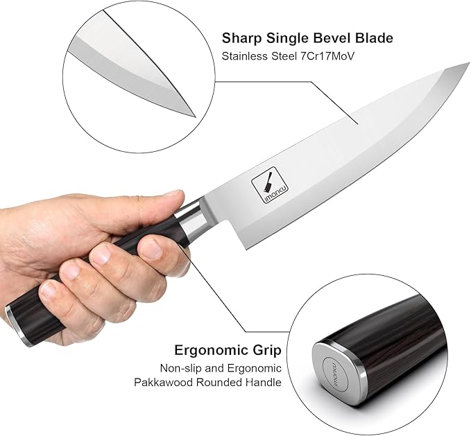 imarku Chef Knife 8-Inch Pro Japanese Kitchen Knife 7Cr17MoV High-Carbon Stainless Steel Paring Knife Ergonomic Handle Rasor Sharp Single-Bevel Edge Birthday Gift for Women and Men
