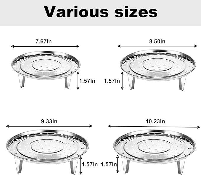 Round Stainless Steel Steamer Rack, 7.6" 8.5" 9.33" 10.23" Inch Steaming Rack, Removable Stands, for steamer, Stock Pot, Pressure Cooker, Cooking, baking bread, vegetable salad (5 Pcs)
