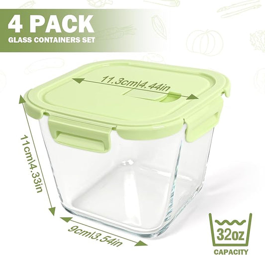 Glass Soup Containers with lids 4 Cup, 32 oz Glass Storage Containers, Tall Borosilicate Glass Food Storage Containers for Lunch, Ice Cream, Travel and Deli, Soup Freezer Safe Containers with Lids