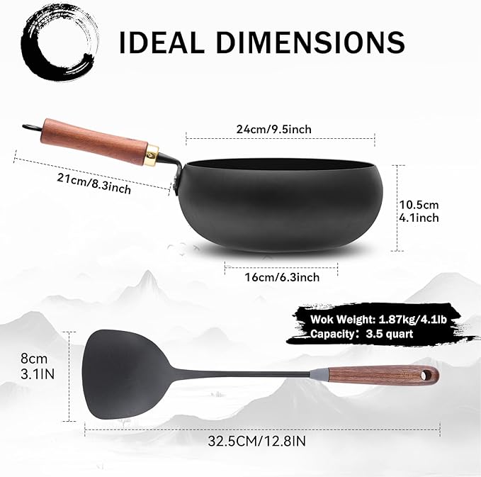 WANGYUANJI Iron Wok Pan 9.5-Inch for 1–2 People, Flat Bottom Stir Fry Wok with Lid & Spatula,Uncoated & Unseasoned Bare Iron, Heavier Design for High-Heat Cooking, Induction Compatible