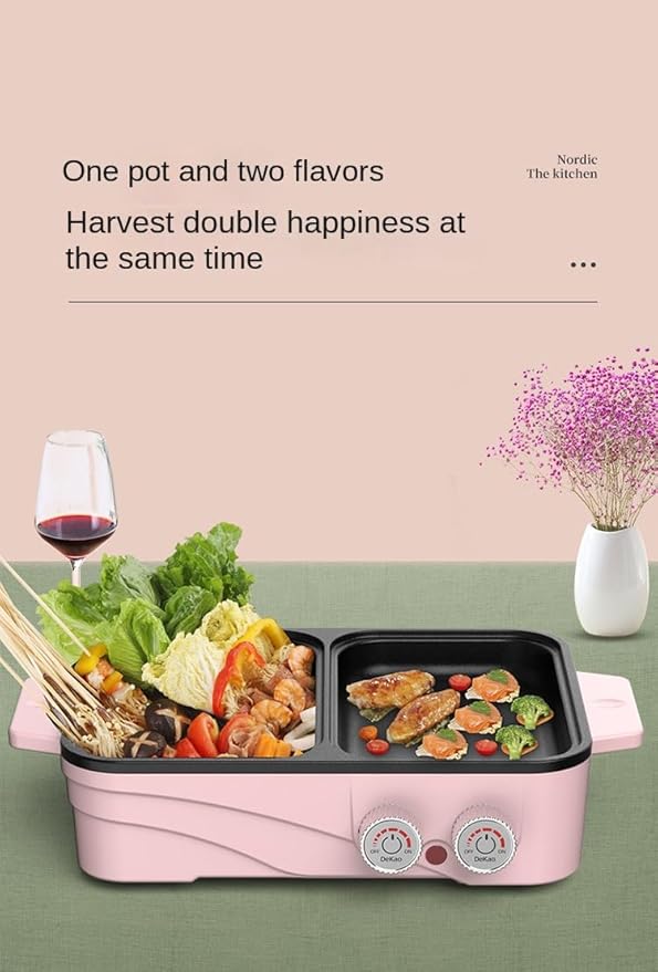 Hot Pot with Grill, 1500W Adjustable 2-in-1 Multifunctional Electric Oven, Suitable for 2-3 People, smokeless Barbecue hotpot, can be Fried or Fried (Pink)
