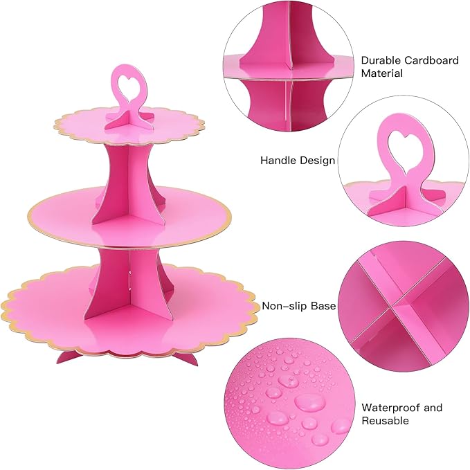 Soleebee 3-Tier Cupcake Stand, Cardboard Cupcake Tower, Cup Cake Stand Tower for Birthday Wedding Party Decoration, Cupcake Tier Stand Fruit Desserts Display 1 Set (Hot Pink Gold)