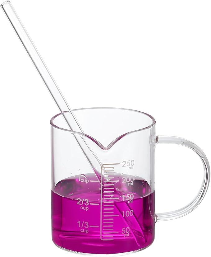 PATIKIL 250ml Glass Measuring Cup, Borosilicate Glass Beaker Graduated Liquid Measure Cups with Straw V-Shaped Spout for Kitchen Drinking Restaurant, White Printed Scale