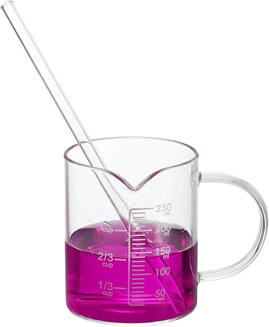 PATIKIL 250ml Glass Measuring Cup, Borosilicate Glass Beaker Graduated Liquid Measure Cups with Straw V-Shaped Spout for Kitchen Drinking Restaurant, White Printed Scale