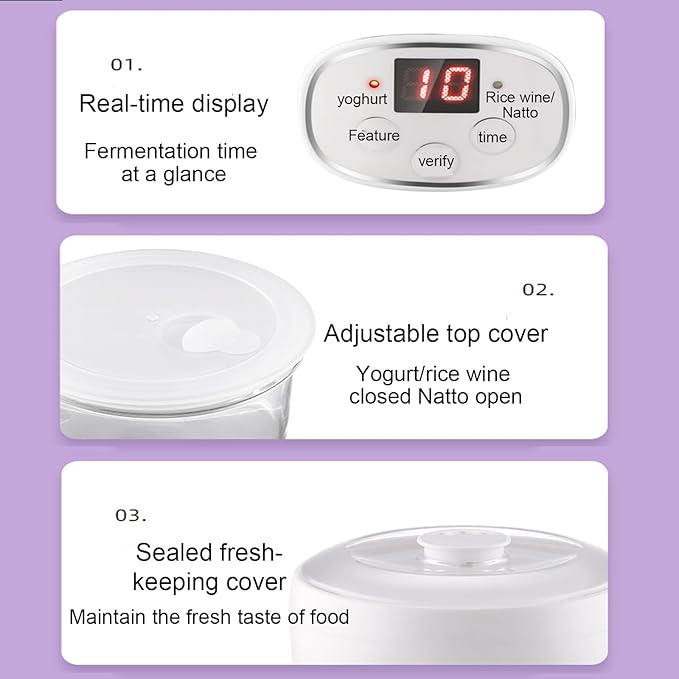 Yogurt Machine, Automatic and Portable, with a Transparent and Visible Glass Inner Container, Real-time Display Screen, Suitable for Making Yogurt, Rice Wine, and Natto