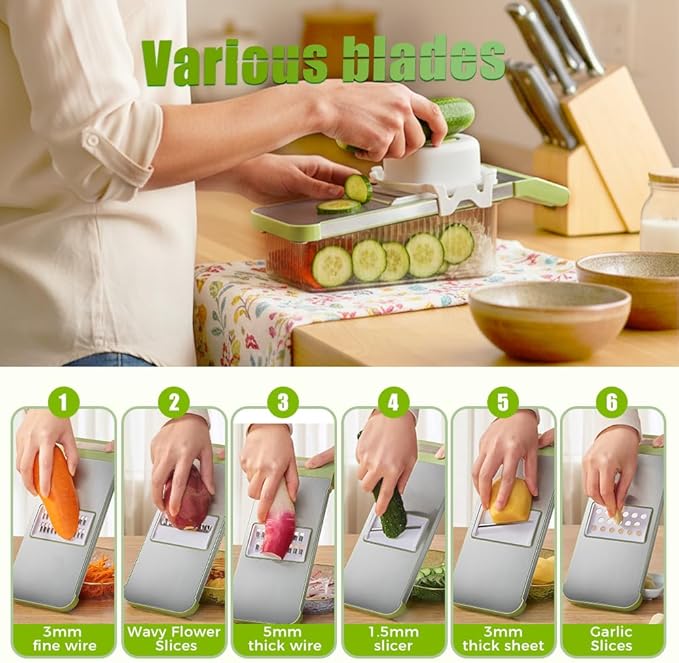 Multifunctional Vegetable Slicer, 6 in 1 Slicer Veggie Shredder with Safe Hand Guard, Multi Blade Adjustable Garlic Slicer, Easy-Clean & Compact Storage, Portable Kitchen Gadget (3 Blades)