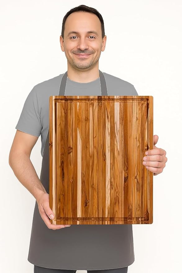 Teakhaus Marine Cutting Board with Juice Groove - Small Square Bar Cutting Board with Corner Hole - Reversible Teak Edge Grain Wood - Knife Friendly - FSC Certified - 4-pack