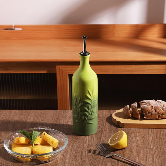 Sweejar Large Ceramic Olive Oil Dispenser Bottle, 24 Oz Relief Opaque Oil Cruet Protects Oil To Reduce Oxidation, Storage Vinegar, Soy Sauce, Coffee Syrup, Liquids, Set of 1 (Gradient Green)