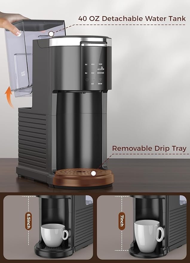 Kndko Single Serve Coffee Maker for K Cups and Ground Coffee, Capsule Coffee Machine, 6 to 14oz Brew Sizes, 40oz Removable Reservoir, Fast Brew, Compact Design, Travel Mug Friendly, Black
