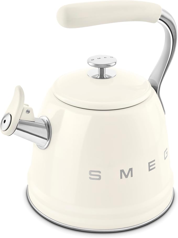 SMEG Stovetop Whistling Kettle – 50s Retro Style, 2.3 Liter (10 Cup / 2.4 Quart) Stainless Steel Tea Kettle with Iconic Design & Whistle – Premium Kitchen Statement Piece-Cream