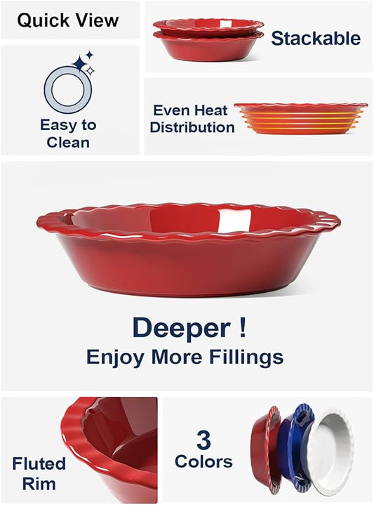 LE TAUCI Ceramic Pie Pans for Baking, 9 Inches Pie Plate for Apple Pie, Pecan Pie, 52 Ounce Deep Pie Dish, Set of 2, Red