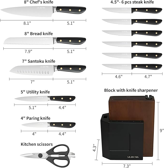 14-Piece Knife Block Set, High-Carbon Stainless Steel Dishwasher Safe Kitchen Knives Detachable Knife Holder, Includes Chef's, Santoku, Bread & Steak Knives (black)