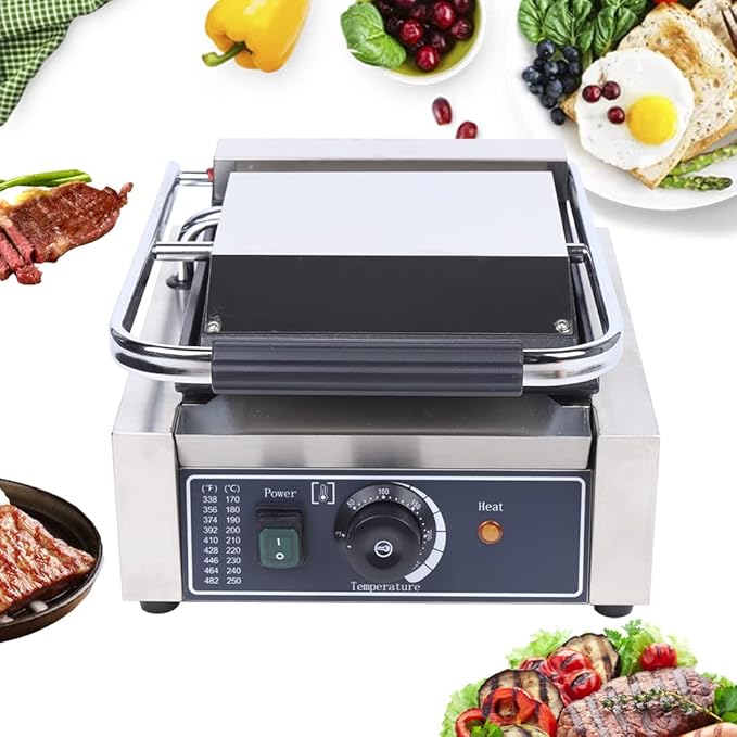 Commercial Sandwich Press 1800W Countertop Panini Grill 110V Sandwich Panini Press Grill Non Stick Surface Electric Maker Temperature Control for Hamburgers Steaks for Restaurant Cafe