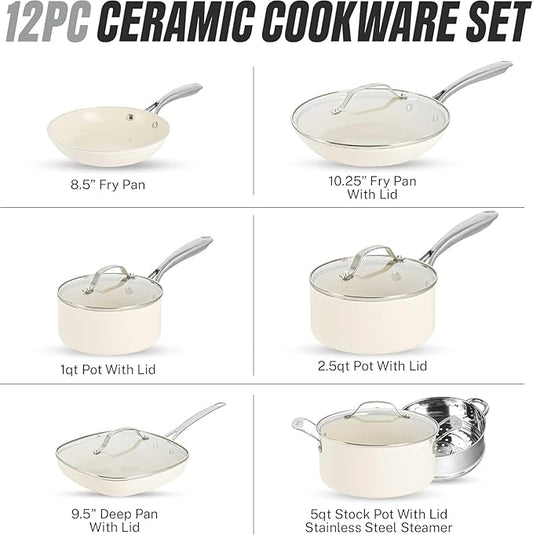 Gotham Steel 12 Pc Ceramic Cookware Set Nonstick, Ceramic Pots and Pans Set Non Stick with Steamer for Cooking, Non Toxic PFOA PFOS Free, Premium Stay Cool Handles, Oven & Dishwasher Safe