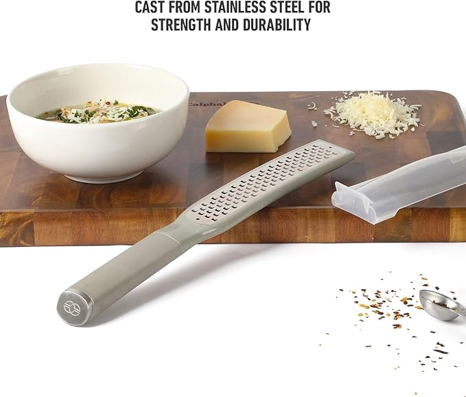 Calphalon Edge Stainless Steel Handheld Grater Lemon Zester W/Cover & Rubber Handle - Taupe
