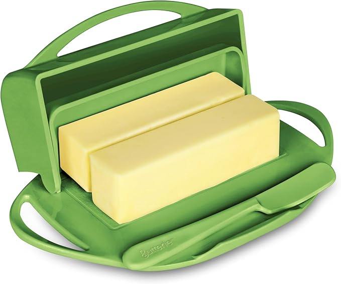Butterie Flip-Top Butter Dish with Lid & Matching Knife, Holds 2 Sticks/European Butter, No-Mess Butter Holder, Shatterproof, Dishwasher Safe, Green