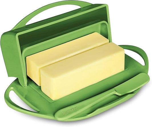Butterie Flip-Top Butter Dish with Lid & Matching Knife, Holds 2 Sticks/European Butter, No-Mess Butter Holder, Shatterproof, Dishwasher Safe, Green