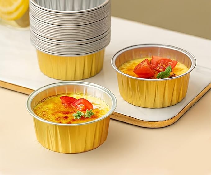 Lewarm Disposable Muffin Pans with Lids, 5 oz Mini Cake Pans for Cupcake, Multi-purpose Aluminum Foil Baking Cup, Premium Dessert Cups, Creme Brulee Ramekins Oven Safe, 60 Pack