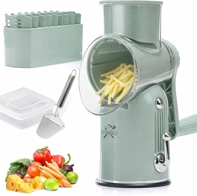 5-in-1 Rotary Cheese Grater with Hand Crank – Multi-Functional Vegetable Slicer, Nut & Cheese Shredder – Easy to Clean Food Grater (Green)