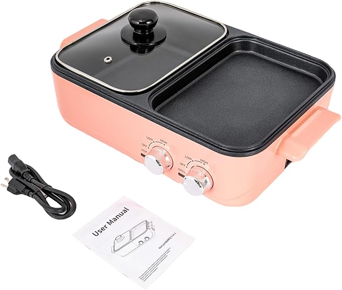 Electric Hot Pot with Grill, 2 in 1 Aluminum Alloy Non-Stick Cooker Indoor Electric Pot and Griddle for Korean BBQ, Steaks, Independent Dual Temperature Control, Fast Heating