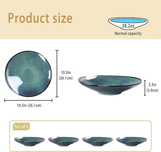 Ceramic Pasta Bowls, 28.2-ounce Pasta Dishes, Reactive Glaze Pasta Bowls, Set of 4, Large, Wide-Mouth Bowls for Salads, Desserts, and Fruit, Microwave-, Dishwasher-, and Oven-Safe.
