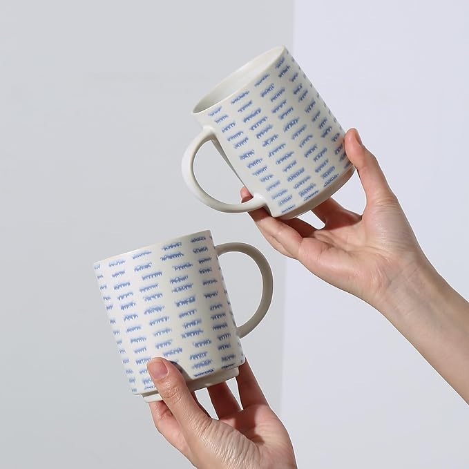 Coffee Mugs Set of 6, 17oz Ceramic Mugs with Handpainted Blue Gray Stripe Pattern, Modern Stackable Coffee Cups, Dishwasher and Microwave Safe Mugs for Home & Office