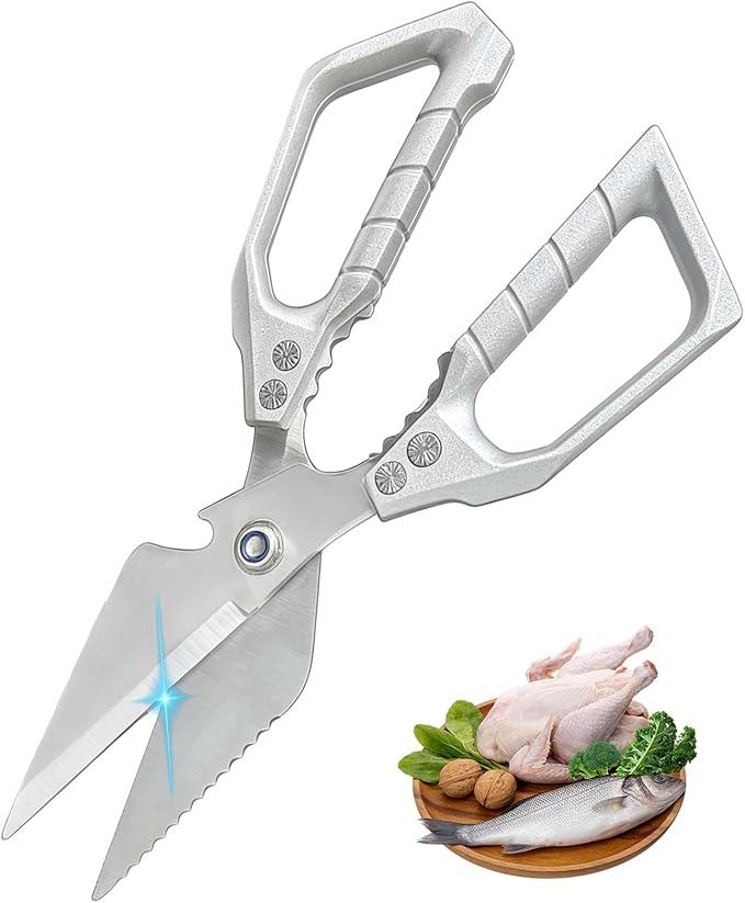 Kitchen Scissors Silver, Multifunctional Kitchen Shears For Food with Ergonomic Handle,Stainless Steel Kitchen Shears,Sharp Cooking Scissors for Chicken, Meat,Turkey, Seafood, Bone Cutting